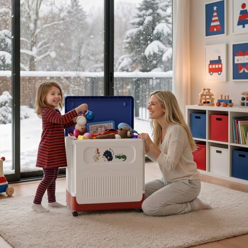 HAIXIN 60QT Storage Bin with Lid and Wheels, White-Blue-Red Toy Chest - Image 5