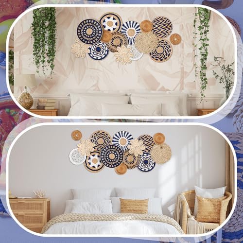 Xuhal 15 Pcs Boho Wall Basket Decor Handcrafted Seagrass Woven Wall Basket Rustic Round Woven Hanging Art for Home Farmhouse Kitchen Table Living Room(Blue Classic Style) - Image 6