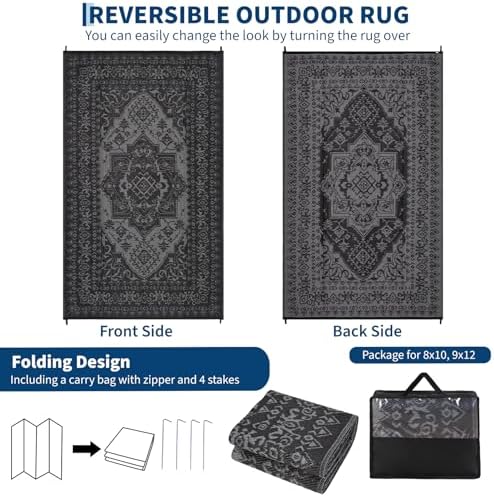 Outdoor Rug 9x12 Reversible Patio Rug Outdoor Plastic Straw Rugs Vintage Medallion Waterproof Outside Carpet for Deck RV Camping Rugs for Patio Backyard Picnic Porch Beach Balcony, Black Grey - Image 2