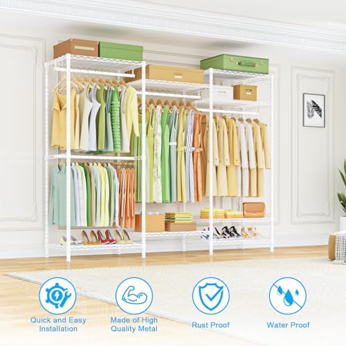 Ulif E13 Heavy Duty Clothes Rack（With 4 Hanger Rods & 8 Shelves） Freestanding Clothing Racks for Hanging Clothes，Adjustable Closet Organizer，Metal Garment Rack 63" W x16 D x77 H，Max Load 900LBS，White - Image 6