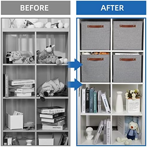 Temary 12x12 Storage Cube Bins 4 Pack Fabric Storage Cubes Storage Bins with Leather Handles, Storage Baskets Foldable Cube Organizers Bins for Home (Grey) - Image 6