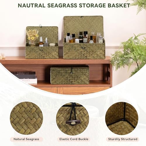 Nonam Seagrass Storage Basket with Lid, Set of 3, Dark Moss Green - Image 6
