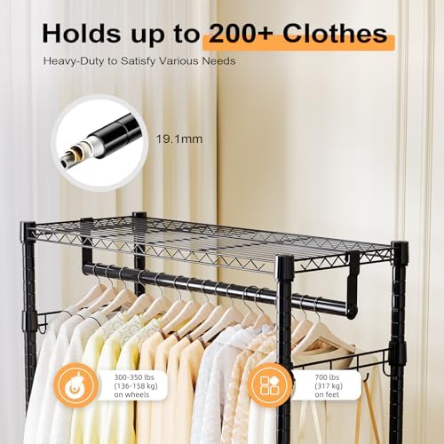 M MZG Heavy Duty Rolling Garment Rack 3 Tiers Adjustable Wire Shelving Clothes Rack with 2 Rods and Side Hooks,Storage Closet Clothing Rack with Wheels Black 15.7" D x 29.5" W x 74.5" H - Image 6