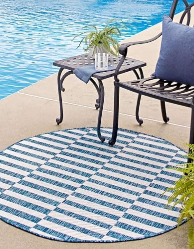 Unique Loom Outdoor Striped Collection Area Rug - Striped (7' 10" Round Blue/Ivory) - Image 4
