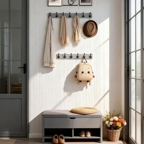 WEBI Rustic Coat Rack Wall Mount,30" Long 7 Cast Iron Coat Hooks Wall Mounted,Heavy Duty Farmhouse Wood Coat Hanger Wall Antique Vintage Hooks for Hanging Jacket,Clothes,Backpack,Gray - Image 4