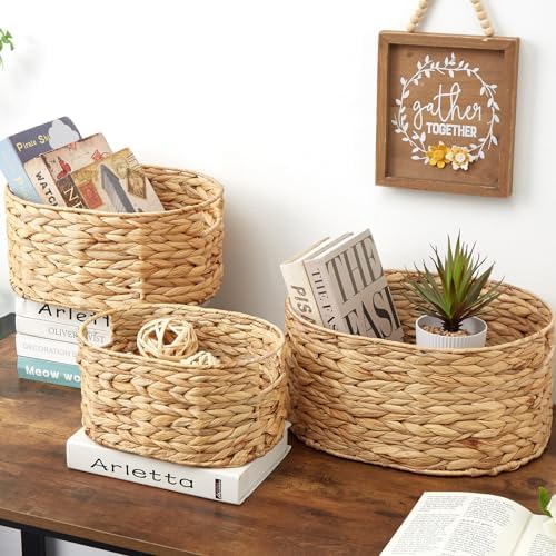 Vagusicc Wicker Basket, 3-Pack Hand-Woven Water Hyacinth Wicker Storage Basket with Handles, Large Woven Storage Baskets for Shelves, Round Storage Baskets for Organizing & Decor - Image 3
