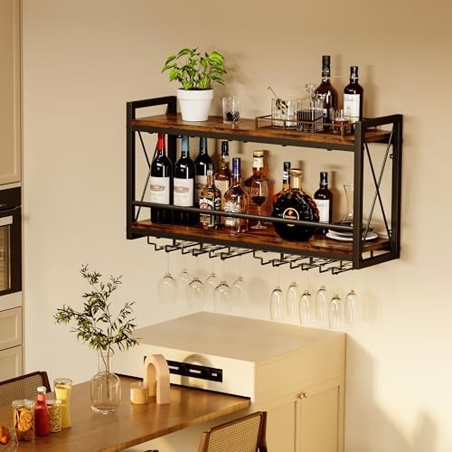 Homeiju Wall Mounted Wine Rack, Bottle & Glass Holder Wood-Metal Retro Wine Rack, Wine Bottles Display Wall Storage for Kitchen Dining Room Home Bar - Image 4