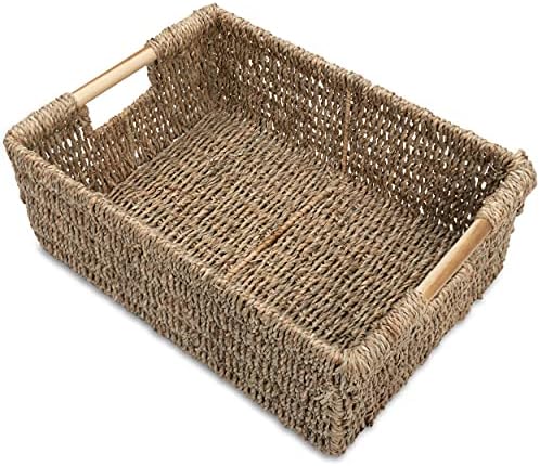 Large Natural Wicker Basket Rectangular with Wooden Handles, Seagrass Storage for Organizing, Shelves 15.5 x 10.6 x 5.5 inches by VATIMA