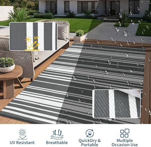 Garvee Geometric Lines 9x12 Outdoor Rug Striped Grey Plastic Straw Rugs - Image 5