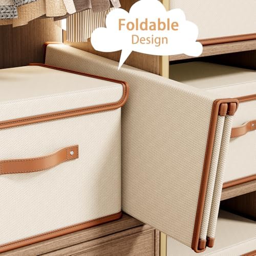 Tuza 4 Pack Storage Bins with Lids, Collapsible Closet Organizer Container, Fabric Organizer Box with Handles, Decorative Storage Boxes with Lids for Organizing Clothes, Books, File, White, Medium - Image 5