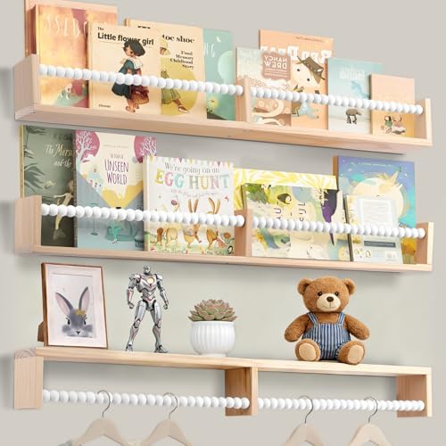 birola Nursery Bookshelf,Set of 3 White Wood Floating Bookshelf for Kids,Nursery Shelves for Wall,Bathroom Decor, Kitchen Spice Rack (White 3) - Image 2