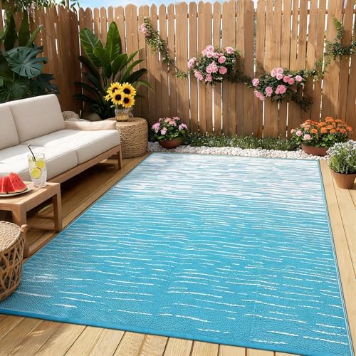 Outdoor Rug 6x9 Waterproof Patio Rugs Abstarct Line Reversible Mat for Front Door Rv Foldable Plastic Straw Carpet for Travel Trailers, Deck, Picnic, Porch, Camper, Balcony, Beach，Light Blue by Unknown