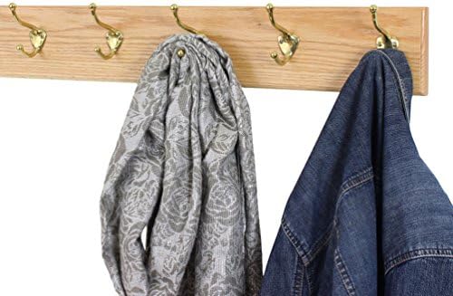 Oak Wall Mounted Coat Rack with Solid Brass Hooks 4.5" Ultra Wide (Natural, 25.5" x 4.5" with 5 Hooks) - Image 2