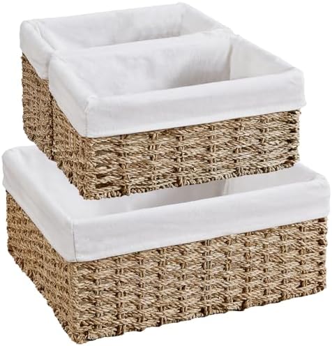 Vagusicc Wicker Basket, Seagrass Wicker Storage Basket with Built-in Handles, Baskets for Organizing, 15'' Large Storage Baskets for Shelves with Liner bathroom organizer (3-Pack Seagrass Baskets Set) by Vagusicc