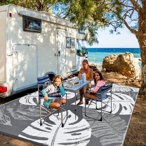 COZYLOOM Outdoor Rug 9x12 Waterproof Reversible Mat Indoor Outdoor Rugs Carpet, Green Leaf Rug Large Outdoor Plastic Straw Rug for Patio Deck Balcony Pool RV Camping Beach Picnic Green&White 9'x12' - Image 3