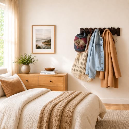 Piano Coat Rack, Solid Beech Wall Hooks, Walnut Finish, 8 Hooks - Image 4