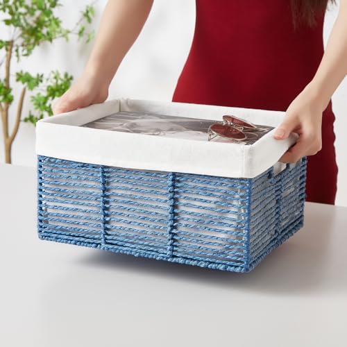 Vagusicc Wicker Storage Basket, 6 Pack Baskets for Organizing, Wicker Baskets with Handle, Rectangular Woven Basket for Storage Shelves, Cube Storage Bins for Closet/Clothes/Dresser, Blue - Image 3