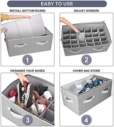 Moteph Shoe Organizer Closet Storage Solution with Clear Cover & Adjustable Dividers for Shoes, Handbags, Blankets, Linen, Clothing (Large - 24 Pairs, Grey) - Image 4
