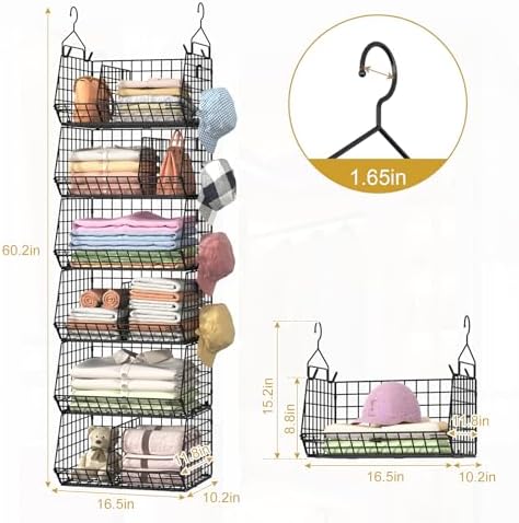 Jautokerdar 6 Tier Extra Large Hanging Storage Organizer,Hanging Closet Shelves with Dividers,Closet Organizer Wire Shelf with 5 S Hooks,Bedroom,Laundry Storag-Black - Image 7
