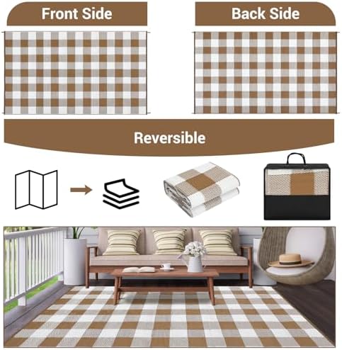 GlowSol 9x18 Outdoor Reversible Rug Waterproof UV Resistant Plastic Straw Rug Modern Outdoor Checkered Rug, Portable Picnic Mat with Stakes, Large Camping Carpet for Backyard, Balcony, Brown - Image 3