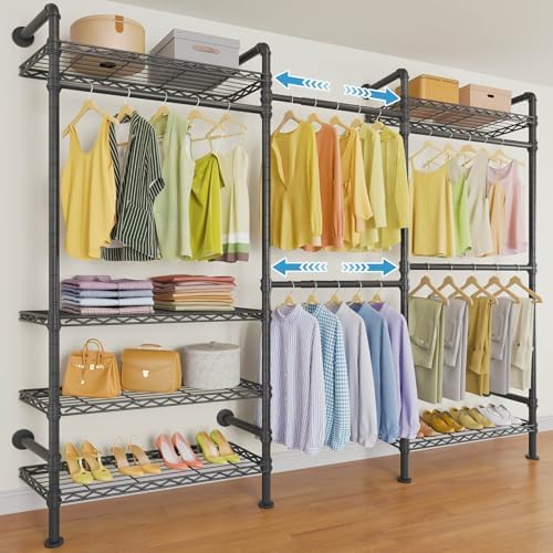 Timate F3 Garment Rack Heavy Duty Clothes Rack for Hanging Clothes, Expandable Industrial Pipe Wall Mounted Clothing Racks, Adjustable Storage Wardrobe Closet Kit Walk in Closet Systems, Black by SturdyWallMountedClothesRack