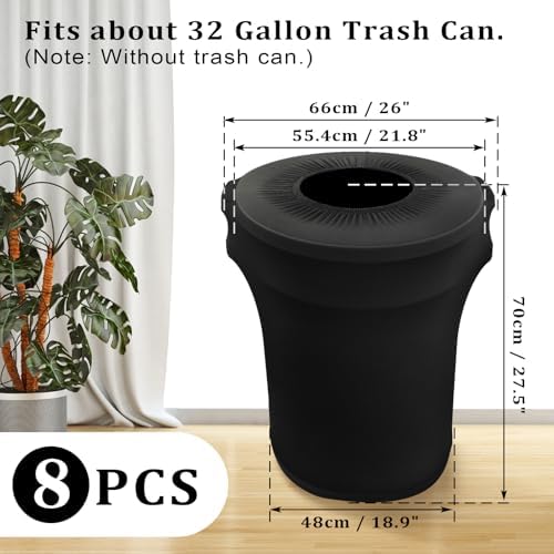 BSTKEY 32 Gallon Stretch Spandex Trash Can Cover, 8 Pack Outdoor Fitted Waste Container Cover Round Garbage Can Covers for Wedding Party Fundraiser Decor, Without Trash Can (Black) - Image 2