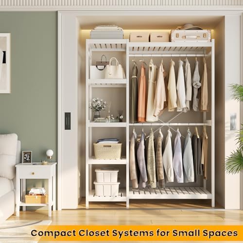 Homykic Bamboo Clothing Rack with 7 Adjustable Shelves, 2 Hang Rods, White - Image 2