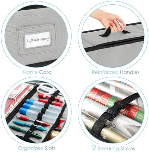 Hearth & Harbor Wrapping Paper Storage Container - Christmas Storage Bag with Ribbon Dispenser and Interior Pockets - Gift Wrap Organizer Fits Up to 26 Rolls of 40" Length, Silver - Image 4