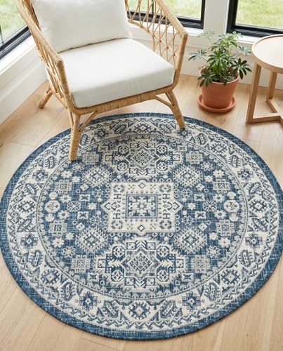 Rugs.com - Outdoor Aztec Rug – 4 Ft Round Blue Indoor/Outdoor Rug – Washable Flatweave for Patio, Deck, and Porch - Image 5