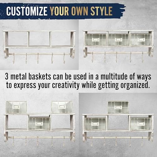 BizChair Wall Mounted Storage Rack - Whitewashed Solid Pine Wood - 24 Inch - Upper Shelf - 5 Hooks - Wire Baskets - For Entryway, Kitchen, Bathroom - Image 7