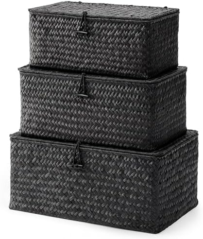 Nonam Wicker Storage Basket with Lid,Seagrass Shelf Basket Set of 3,Black by Home
