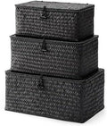 Nonam Wicker Storage Basket with Lid,Seagrass Shelf Basket Set of 3,Black by Home