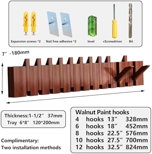 Paint Wood Wall Mounted Coat RackHooks Piano Key Hangers Natural Solid Wood Hanger Non-Woven Fabric Clothes Hangers for Closet, Kitchen, Bedroom, Bathroom, Entryway（Walnut 6 Hooks） - Image 2