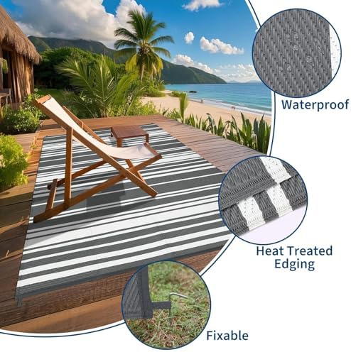 Garvee Geometric Lines 9x12 Outdoor Rug Striped Grey Plastic Straw Rugs - Image 3
