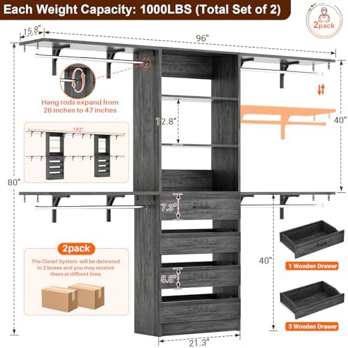 Aheaplus Closet System, Wood Closet Organizer System with Drawers,Black Oak - Image 7