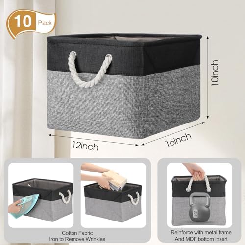 FoldTier 10 Pack Large Collapsible Fabric Storage Baskets with Handles Decorative Storage Bins for Organizing Shelves Toys Clothes(Black & Gray,16 x 12 x 10 Inches) - Image 2