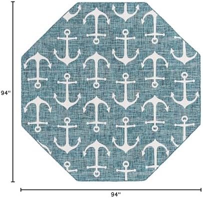 Unique Loom Outdoor Coastal Collection Area Rug - Ahoy (7' 10" Octagon, Teal/ Ivory) - Image 2
