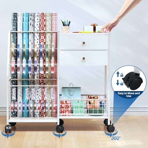 TC-HOMENY Wheeled Wrapping Paper Organizer Gift Wrap Ribbon Rack Blueprint - Image 6