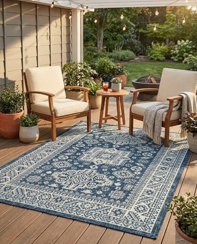 Rugs.com - Outdoor Aztec Rug – 4' 1 x 6' 1 Blue Indoor/Outdoor Rug – Washable Flatweave for Patios, Decks, and Porches - Image 4