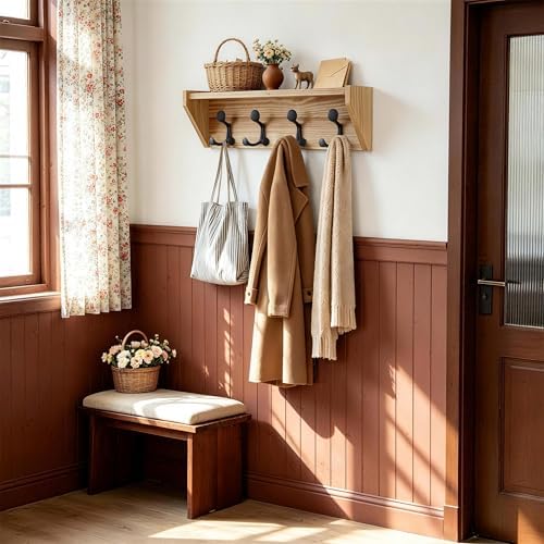 SKOLOO Wall Shelf with Hooks, 24-Inch Coat Rack Wall Mount with Shelf Organizer - Heavy Duty, 4 Tri Hooks - Perfect for Entryway, Hallway, Living Room, Bedroom, Mudroom, Wood Brown & Black - Image 5