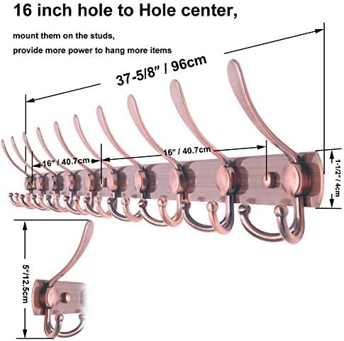 WEBI Coat Rack Wall Mount,37 5/8" Long Coat Hanger Wall,Coat Hooks Wall Mounted,16" Hole to Hole,10 Triple Hooks for Hanging Jacket,Clothes,Hats,Antique Copper - Image 2