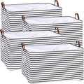 Hinwo 4-Pack Extra Large Canvas Fabric Storage Baskets with Handles, 70L Oversized Storage Bins, Collapsible Storage Box, Clothes, Toys, Blankets Organizers, 22 x 15 x 13 inches, (Black Stripe) by Hinwo