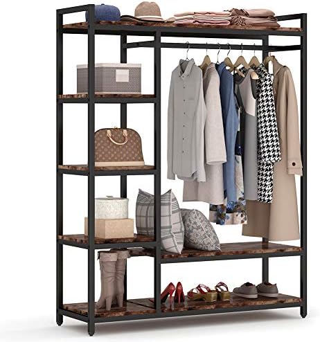 LITTLE TREE Free Standing Wood Closet Clothes Rack,Heavy Duty Grament Rack with Shelves,Hanging Racks for Clothes Clothing Rack for Bedrom,Wardrobe Closet Organizer,350 lb Capacity,Rustic by LITTLETREE