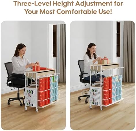 Height-Adjustable Gift Wrapping Station with Paper Clamp & Adhesive Measuring Tape,Rolling Wrapping Paper Cart with Ribbon & Gift Bag Storage, Craft Organizer Workstation (Oak) - Image 3