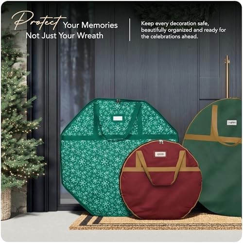 Covermates Keepsakes Deluxe Wreath Storage Bag – Heavy-Duty Polyester with Buckle Strap & Structured Interior – Protective Holiday Organizer with Handles, D-Ring & Label Window, Green Snowflake - Image 2