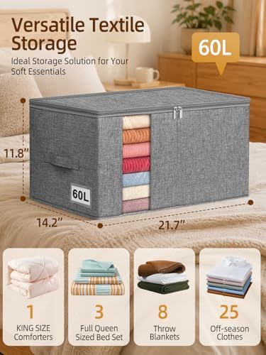 60L Rigid-Sided Blanket Storage Bags, 4Pack, Gray - Image 3
