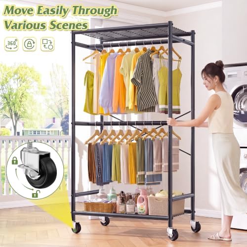 Raybee Clothes Rack, Rolling Portable Closet with Wheels, Double Rod 308LBS - Image 6
