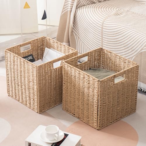 Foldable Square Baskets Set of 4, Paper Woven Storage Cube Bins with Handles for Shelves Cubby Organizing (Natural, 13'' x 13'' x 13'') - Image 5
