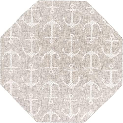 Unique Loom Outdoor Coastal Collection Area Rug - Ahoy (7' 10" Octagon, Gray/ Ivory) - Image 3