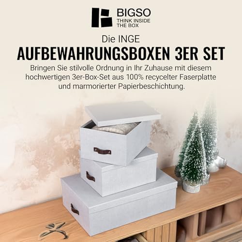 Bigso Box of Sweden Set of 3 Storage Boxes with Lids - Organiser Box for Clothes, Office Equipment and More - Wardrobe Storage Boxes with Labels for Bedding or Seasonal Clothing - Grey - Image 2